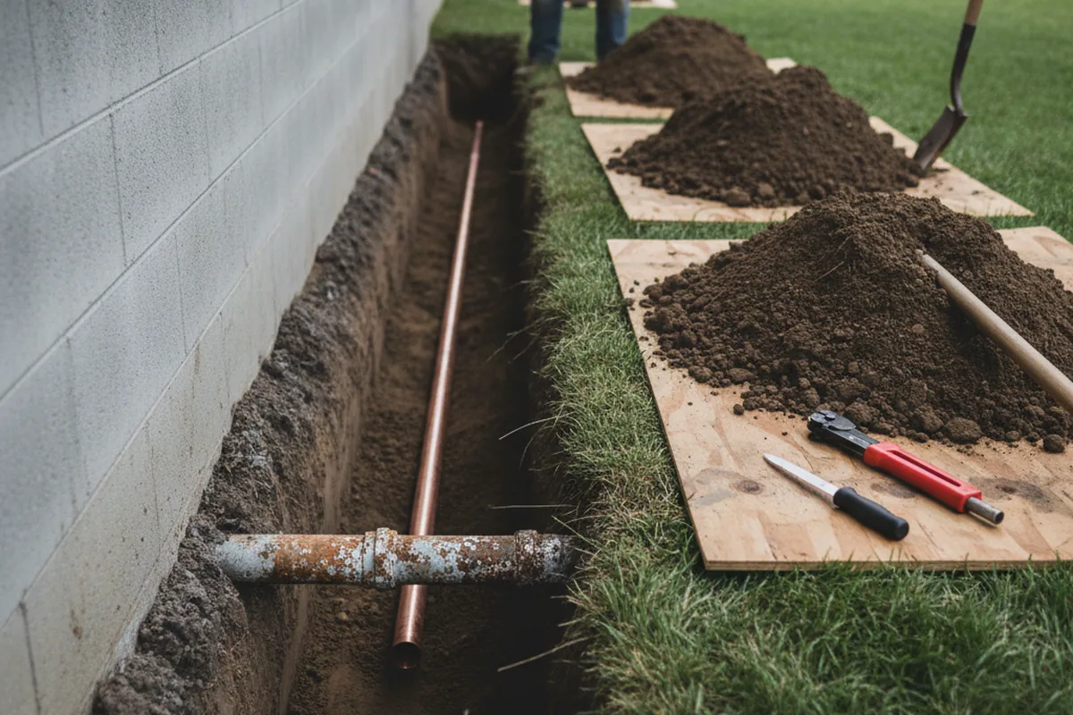 Excavated water line trench during Water Softener Installation in Slatersville